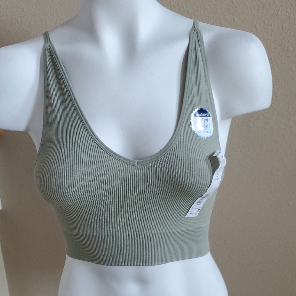 Wallflower KAYLA Ribbed V-Neck Bralette Crop Tank- Sage Green Size S L XL 2X NWT